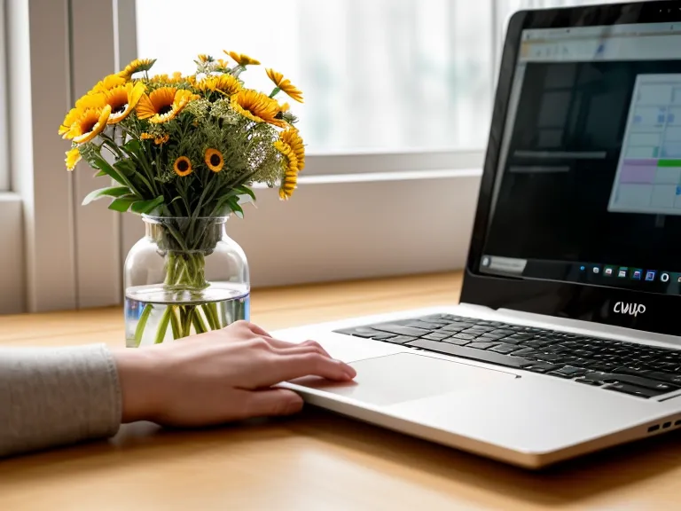 A laptop showing a floral tracking spreadsheet next to a fresh bouquet of flowers.