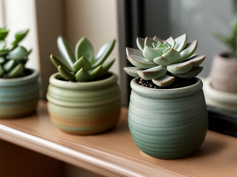 A small potted succulent sitting on a wooden shelf in a nursery.