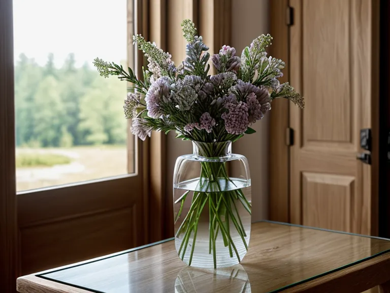 Close-up of a thick clear glass vase being placed on a table.