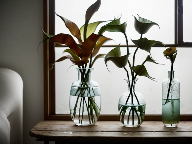 Close-up of a thin glass vase with murky water and wilted flower stems.