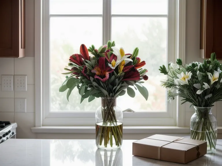 A flower delivery consumer review in progress, comparing a delivered bouquet against its online listing on a laptop.