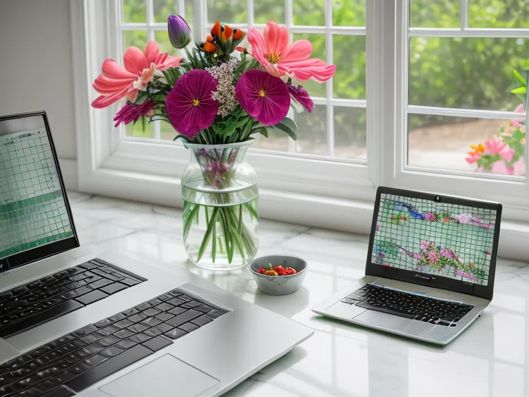A laptop showing a spreadsheet next to a fresh flower arrangement for comparison.