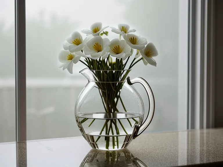 Freshly cut flower stems hydrating in a glass pitcher of water.