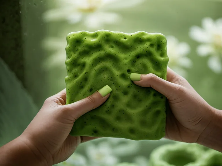 Close up of green floral foam inside a glass vase being inspected by a hand.