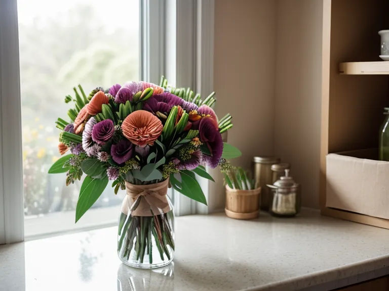 Close-up of fresh flower stems being placed into a high-quality glass vase.
