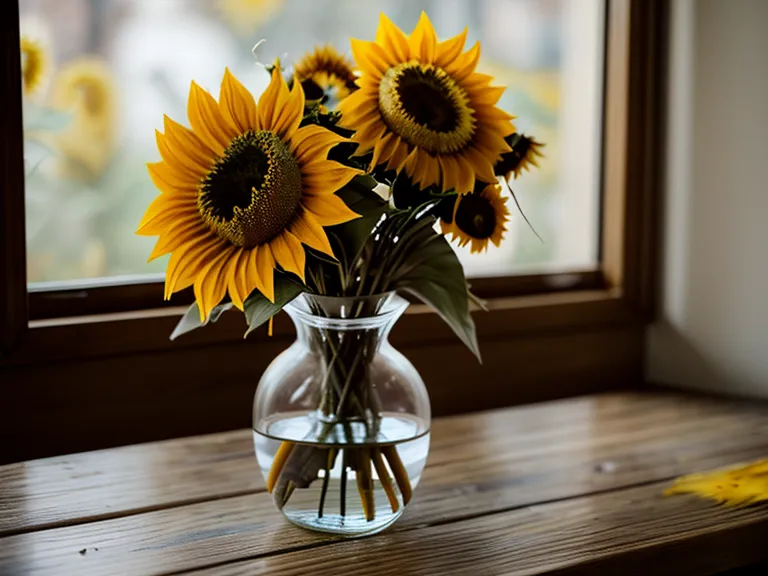 A sunflower arrangement showing signs of wilting after a few days on a table.