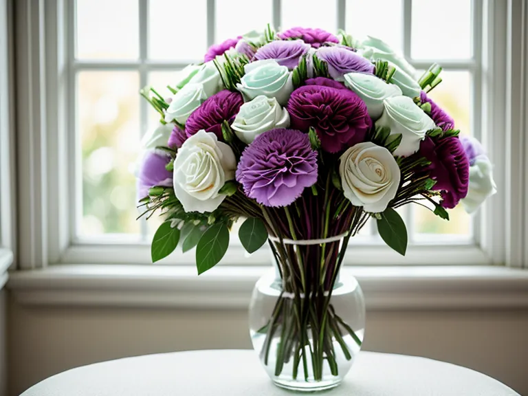 Close-up of a white and purple sympathy bouquet showing flower textures.