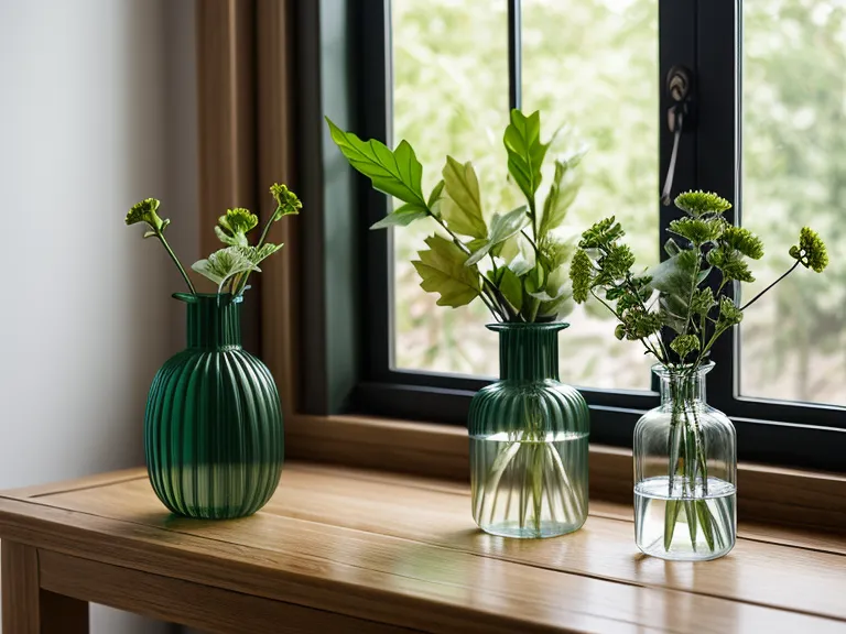 A green plastic utility vase compared to a high-quality ceramic vase on a wooden table.