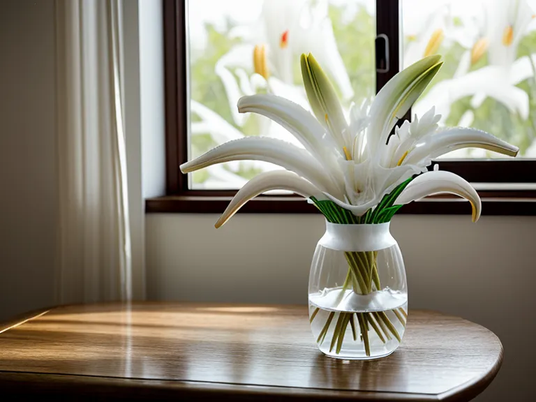 Wilting white lilies in an arrangement with a fruit bowl in the background.