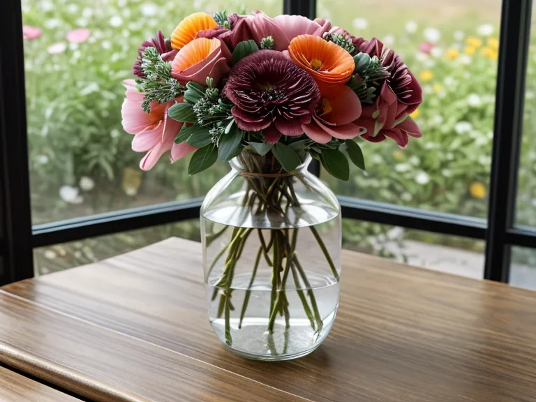 A lily-free floral arrangement in a glass vase on a wooden table