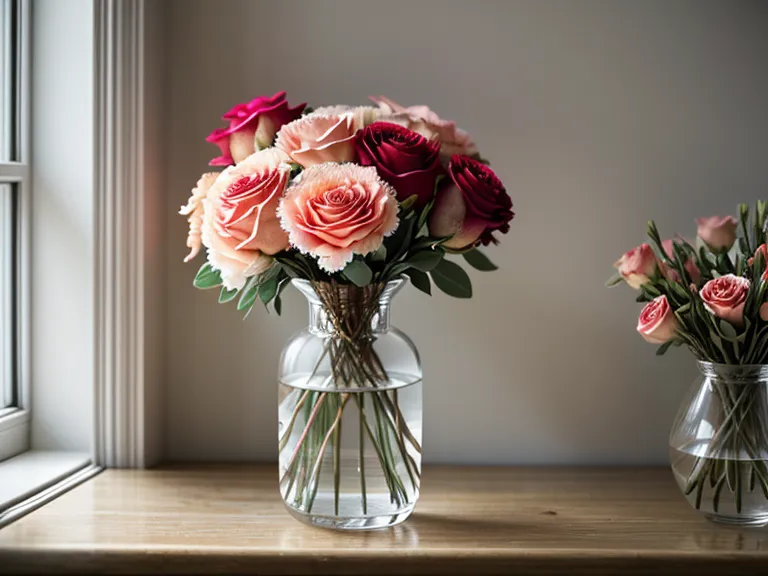 Close-up of a flower bouquet with mixed roses and carnations in a vase