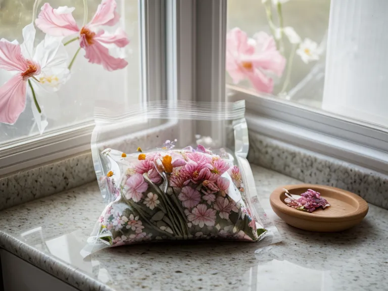 A 5-gram packet of floral food lying on a kitchen counter near flower stems.