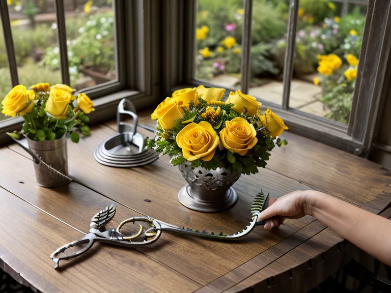 Close-up of hands trimming rose stems for a pet-safe floral arrangement.