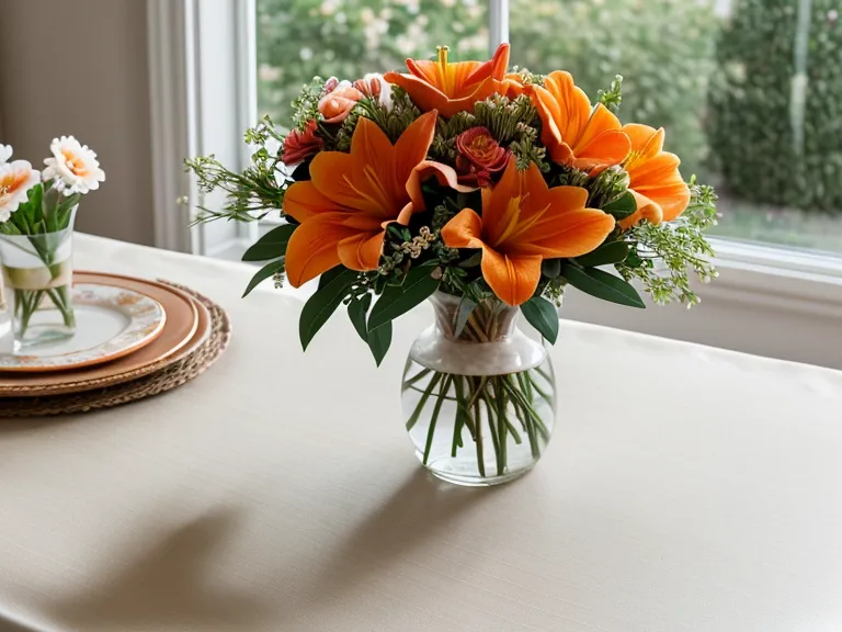 Close-up of lily pollen staining a white lace table runner next to a bouquet.