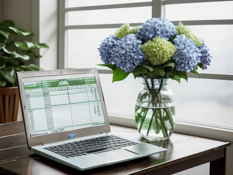 A laptop showing a flower delivery tracking spreadsheet next to a vase of hydrangeas.