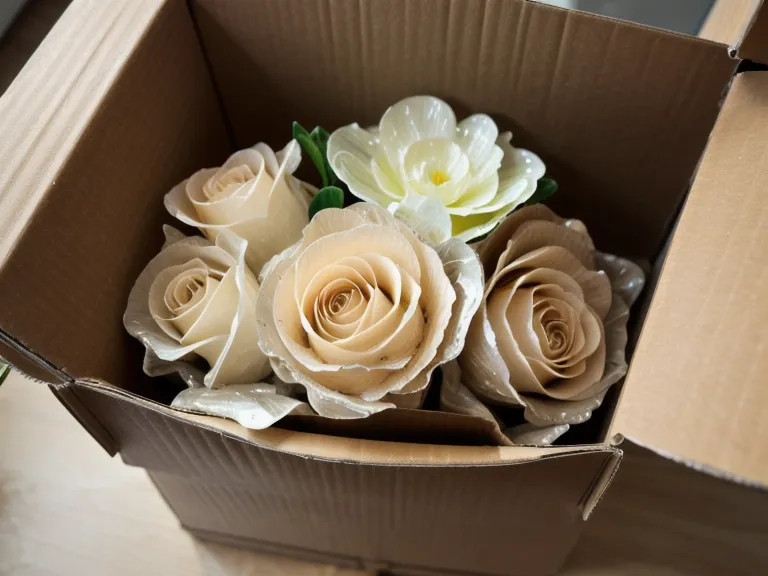 Close-up of flowers arriving in a cardboard shipping box with damp tissue paper.