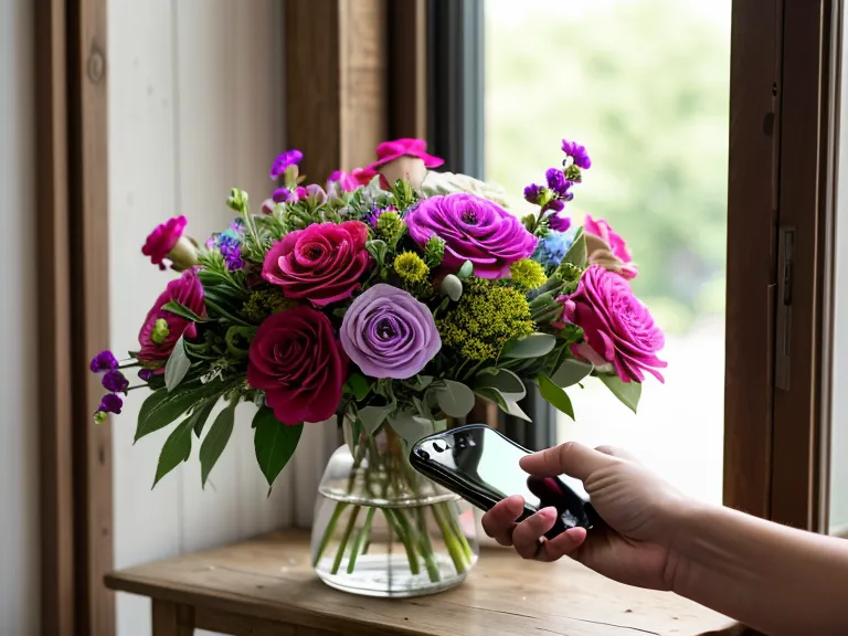 Close-up of a person photographing a flower delivery to compare with the online listing