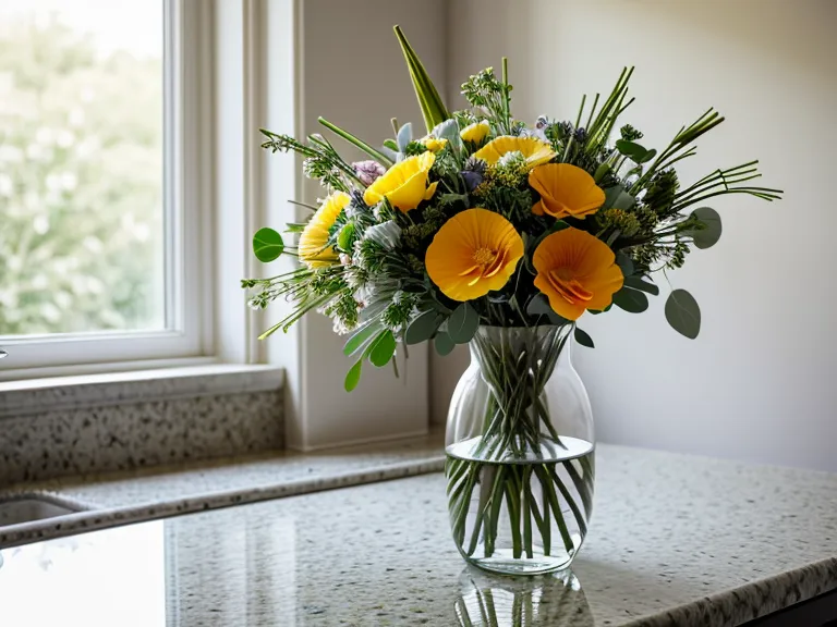 Close-up of hands counting stems in a glass vase of delivered flowers.
