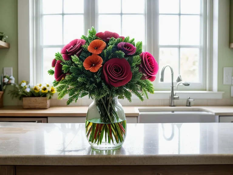 A cardboard shipping box open to reveal flowers packed in green floral foam.