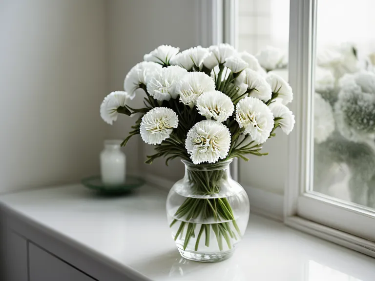 Close up of white carnations used as a substitute in a sympathy bouquet.
