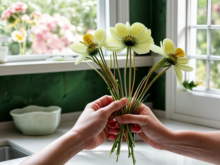 Hands preparing a fresh flower delivery on a kitchen counter.