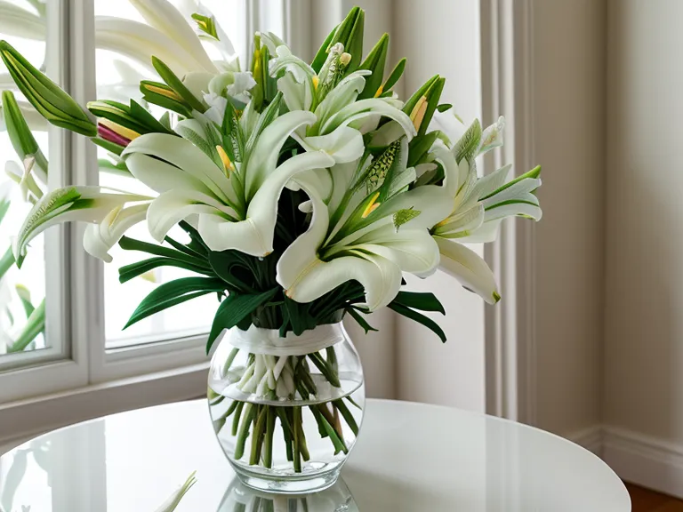 Close-up of fresh white lilies and snapdragons in a local florist arrangement.
