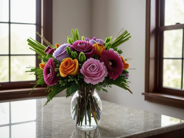 Close-up of a professionally arranged Teleflora bouquet in a clear glass vase.