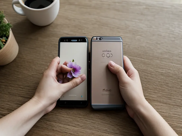 Hands holding a phone next to a flower delivery box in a home office.