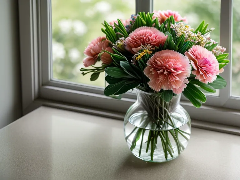Close-up of a glass vase with carnations and green filler stems.