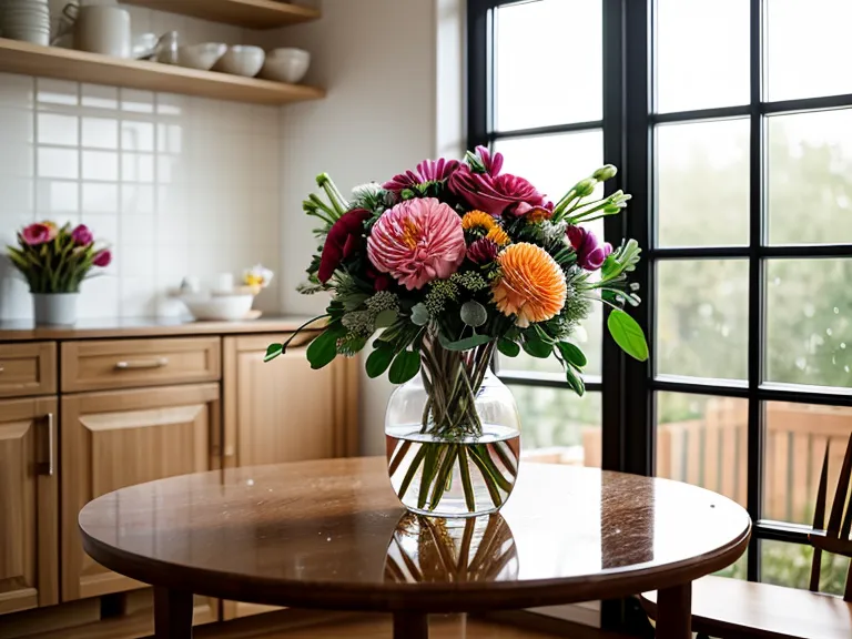 A top-heavy rose arrangement tipping over in a thin, narrow-based glass vase.