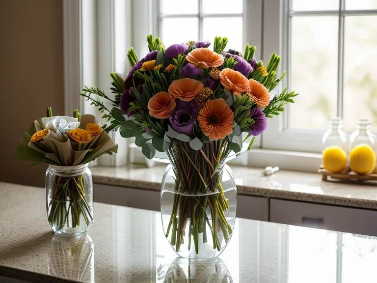 Hands trimming flower stems on a counter with discarded packaging.